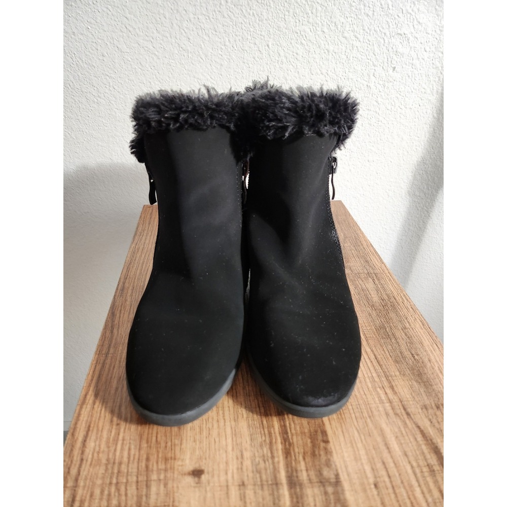 Annie Edarry Black Faux Suede Fur Trim Ankle Boots Wedge Heel Booties Size 1M